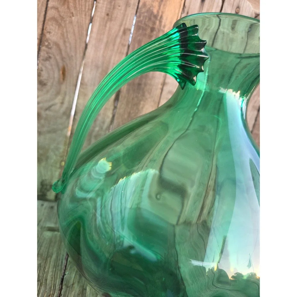 Vintage Emerald Green Hand Blown Glass Pitcher Optic Rib Mid Century Modern 15